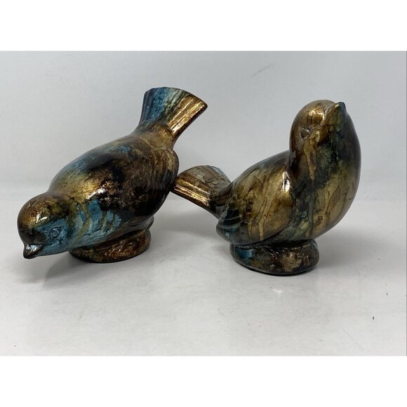 Set Of 2 Turquoise Blue And Gold Metallic Ceramic Bird Figurines Kirklands - Picture 2 of 11